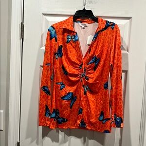 LACAUSA Orange Top with Blue Butterfly Print Size M‎ New With Tag.